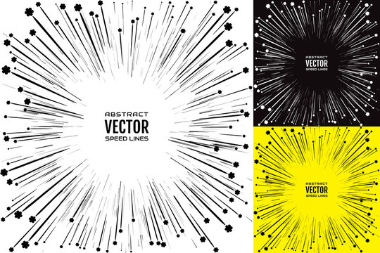 Set illustration of radial rays and silhouettes flying flowers of black color with effect power explosion. Free space in the center for your text. Element of design