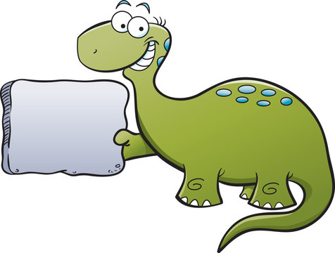 Cartoon illustration of a brontosaurus holding a sign.