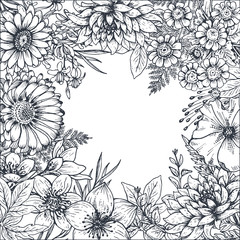 Floral frame with hand drawn flowers and plants