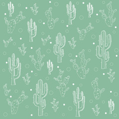Fototapeta premium Seamless doodle hand drawn cactus pattern over green background
