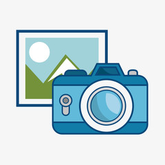A picture of a landscape and a blue camera over white background. Vector illustration.