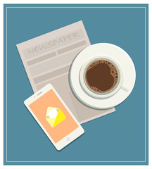 Newspaper, cup of coffee and smartphone over blue background