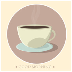 Cup of hot coffee on a saucer