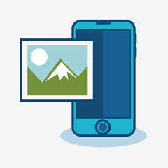 A blue smartphone and a picture of a landscape over white background. Vector illustration.