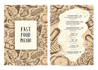 Restaurant food menu typography template. Fast food vector layout with hand drawn pizza, hot dog, chicken, sandwich, drink pencil doodles. Cafe vintage card of junk food with snack linear sketches.