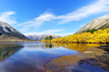 Beautiful scenery of Lake Pearson (Moana Rua) in Autumn with reflection ,  Arthur's pass National Park , South Island of New Zealand