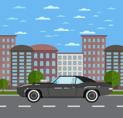 Classic muscle car in urban landscape. Vintage auto vehicle, old school hot road, people transportation concept. City street road traffic vector illustration, cityscape background with skyscrapers.