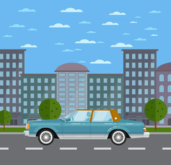Classic retro sedan in urban landscape. Vintage family auto vehicle, old school car, people transportation. City street road traffic vector illustration, cityscape background with skyscrapers.