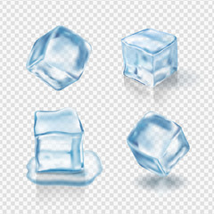 Obraz premium Transparent ice cubes in light blue colors. Realistic vector