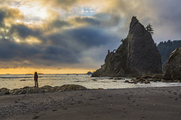 Boy looking out to the ocean from a rocky beach in the pacific northwest