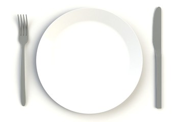 White plate, knife and fork on white table, 3D rendering