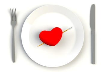 Heart on plate, knife and fork on white table, 3D rendering