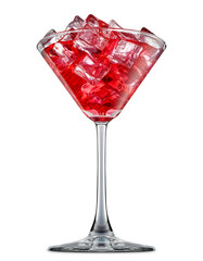 fresh fruit alcohol cocktail or mocktail in martini glass with red beverage and ice cubes isolated on white background