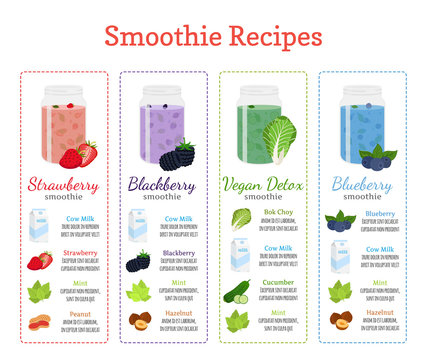 957921 Different smoothie recipes - berries, detox, milk, healthy drinks. Flat style.
