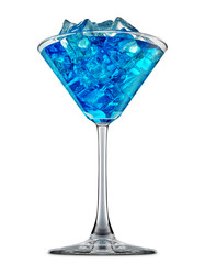 fresh fruit alcohol cocktail or mocktail in martini glass with blue beverage and ice cubes isolated on white background
