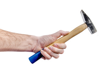 Hand holding old hammer handle equipment for construction and repair tool for work
