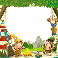 Obraz premium Cartoon frame for different usage native american characters husband with a spear and wife standing near the tee pee