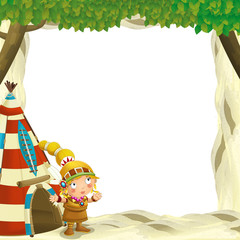 Obraz premium Cartoon frame for different usage native american character / indian girl standing near the tee pee