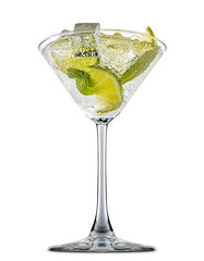fresh fruit alcohol cocktail or mocktail in martini glass with ice cubes, lime and mint isolated on white background