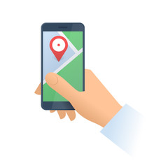 A human holds the phone with a navigation map on the screen. Modern technology, smart phone apps, cartography and gps flat concept illustration. Vector design element isolated on white background.