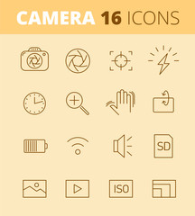 Digital photo camera outline icons: flash, timer, optical stabilizer, iso, battery, memory card, sensor resolution. Vector thin line symbol and pictogram set. Infographic elements for web, networks.