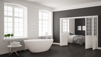 Fototapeta na wymiar Minimalist scandinavian white and gray bathroom with bedroom in the background, classic interior design