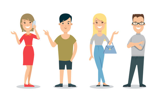 Flat male and female standing vector set. Social concept.
