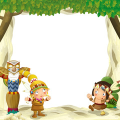 Cartoon frame for different usage indian characters husband with a spear and wife standing near the tee pee