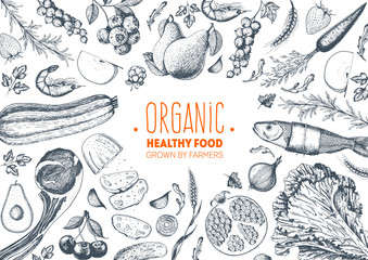 Healthy food frame vector illustration. Vegetables, fruits, meat hand drawn. Organic food set - obrazy, fototapety, plakaty