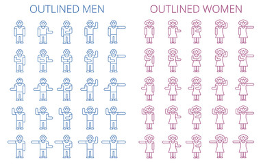 Stick figures icon set. Outlined pictogram of men and women. Various human poses and gestures concept. Flat line vector elements for web design, infographic, social networks and business presentation.