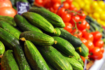 Cucumbers on display in a supermarket