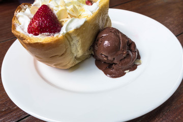 Honey toast strawberry on white plate
