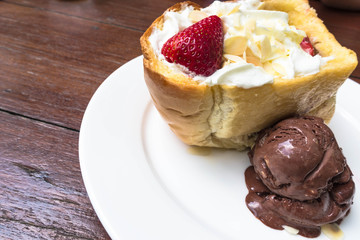 Honey toast strawberry on white plate