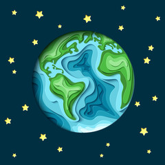 Astronomy background. 3d paper cut Earth  from space vector illustration.  Paper carving Earth map shapes with shadow on dark background with stars