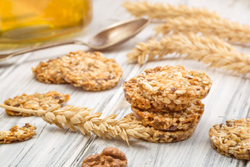 Cereal cookies with raisins and nuts. Healthy nutrition vegan food with protein.