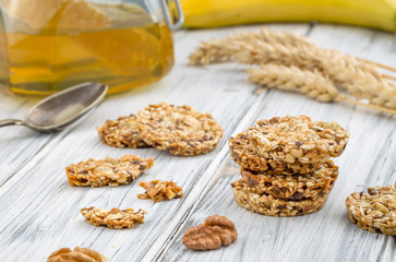 Cereal cookies with raisins and nuts. Healthy nutrition vegan food with protein.