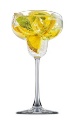 fresh fruit alcohol cocktail or mocktail in margarita glass with ice cubes, orange and mint isolated on white background