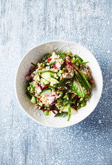 Barley salad with radish, cucumber, spring onion and beetroot leaves