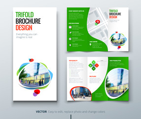 Business tri fold brochure design. Green orange template for tri fold flyer. Layout with modern square photo and abstract background. Creative concept folded flyer or brochure.