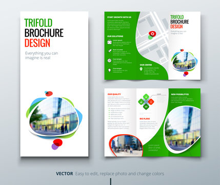 Business tri fold brochure design. Green orange template for tri fold flyer. Layout with modern square photo and abstract background. Creative concept folded flyer or brochure.