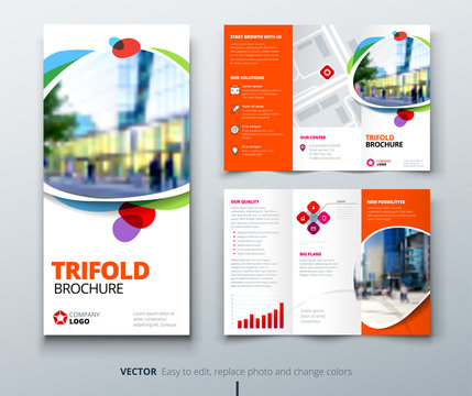 Business tri fold brochure design. Orange fun template for tri fold flyer. Layout with modern square photo and abstract background. Creative concept folded flyer or brochure.
