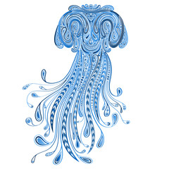 Vector blue jellyfish of beautiful patterns