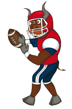 Bull plays American football. Cartoon style. Isolated image on white background. Clip art for children.
