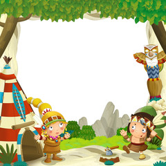 Obraz premium Cartoon frame for different usage native american characters husband with a spear and wife standing near the tee pee