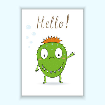 Cute hand drawn card with monsters cartoon style. Printable template.
