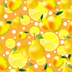 Seamless pattern of yellow pears, apples and lemons on an orange background