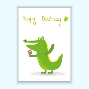 Cute hand drawn vector card with funny cute crocodile cartoon style. Printable template.