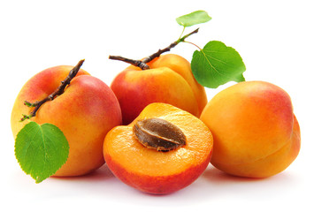 Apricot fruit with leaves on the white background.