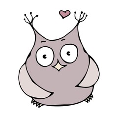 Cute Funny Happy Cheerful In Love Owl Bird . Isolated On a White Background Doodle Cartoon Hand Drawn Sketch Vector Illustration. Emoji Character.
