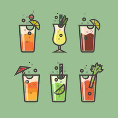 Vector set of cocktails of flat style.Tequila sunrise,Pina Colada,Long Island Iced Tea,Sex on the beach, Mojito, Bloody Mary.Six most popular cocktails for design menu,posters,brochures for cafe,bar